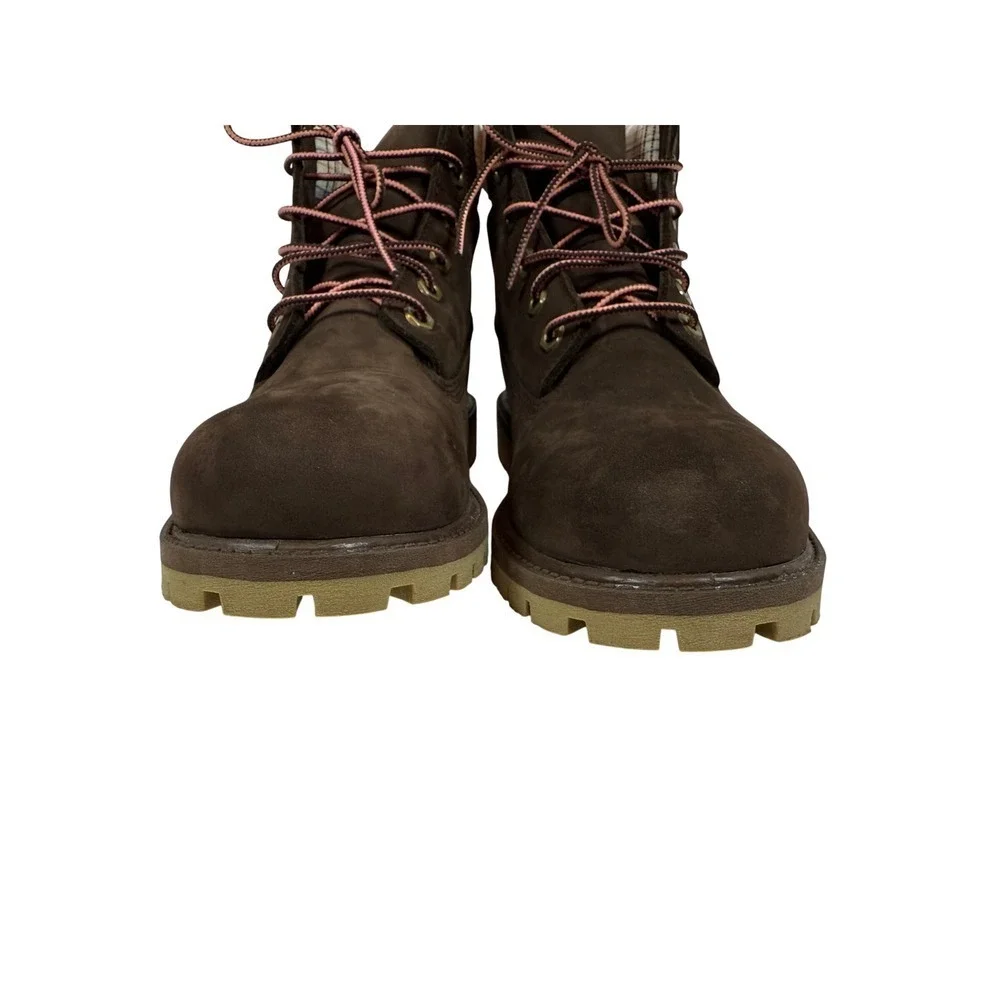 Timberland Boys Boots, Printed Pink Plaid Collar, Chocolate Brown, Size 6